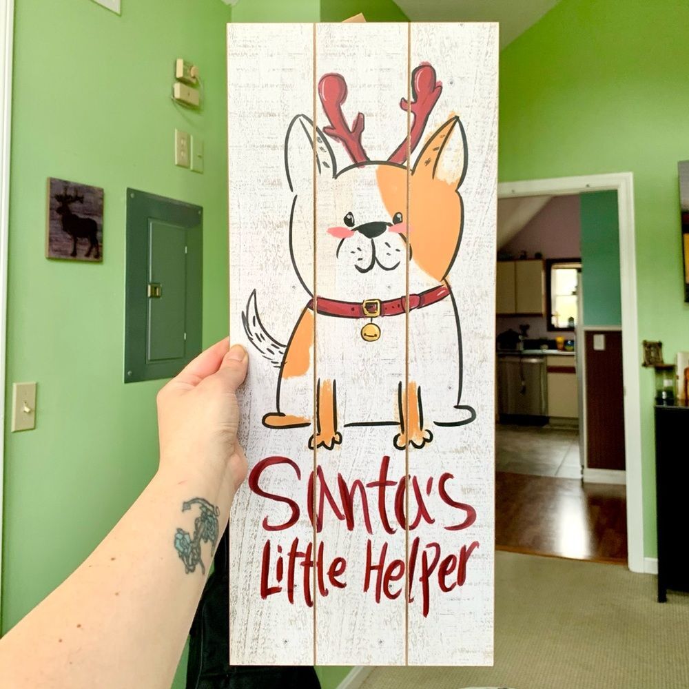 Wooden English Bulldog "Santa's Helper" Christmas Wall Plaque